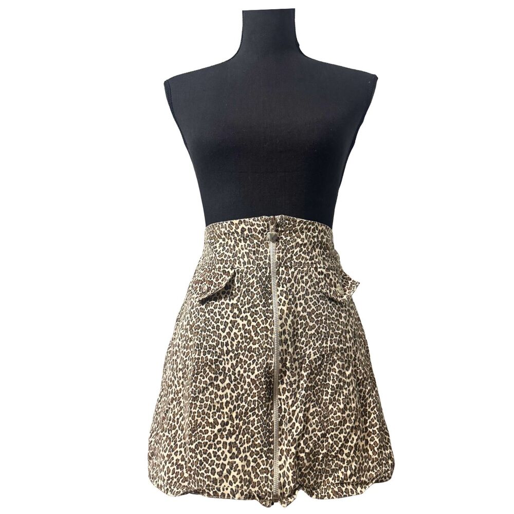 Vintage 80s 90s Brown Denim Leopard Print Alt Indie Glam Punk Mini Skirt XS S M